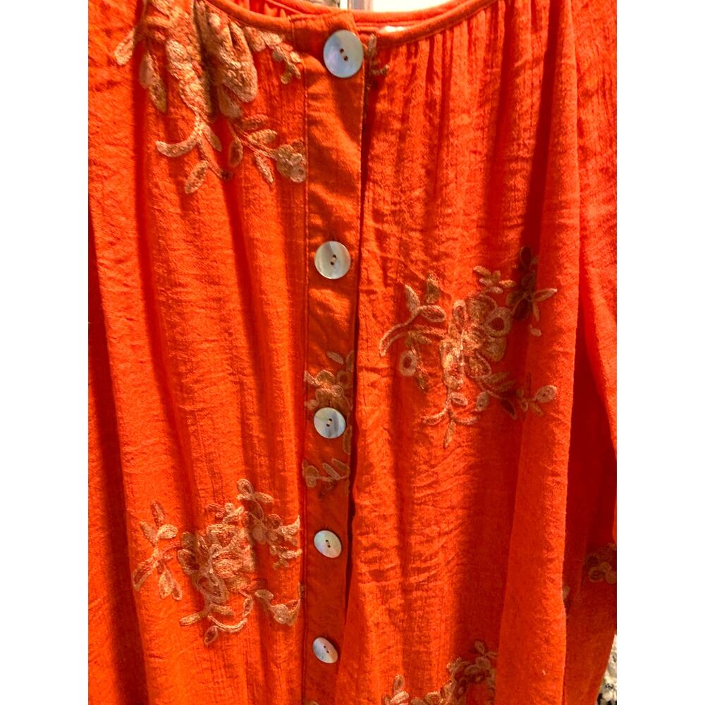 FIG and FLOWER ORANGE EMBROIDERED TUNIC HI-LO 3/4 SLEEVE BOHO BUTTON UP XL - Picture 2 of 6